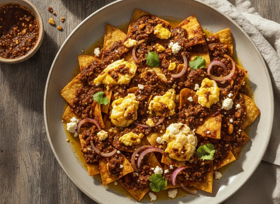 Chilaquiles con huevo y salsa macha photo