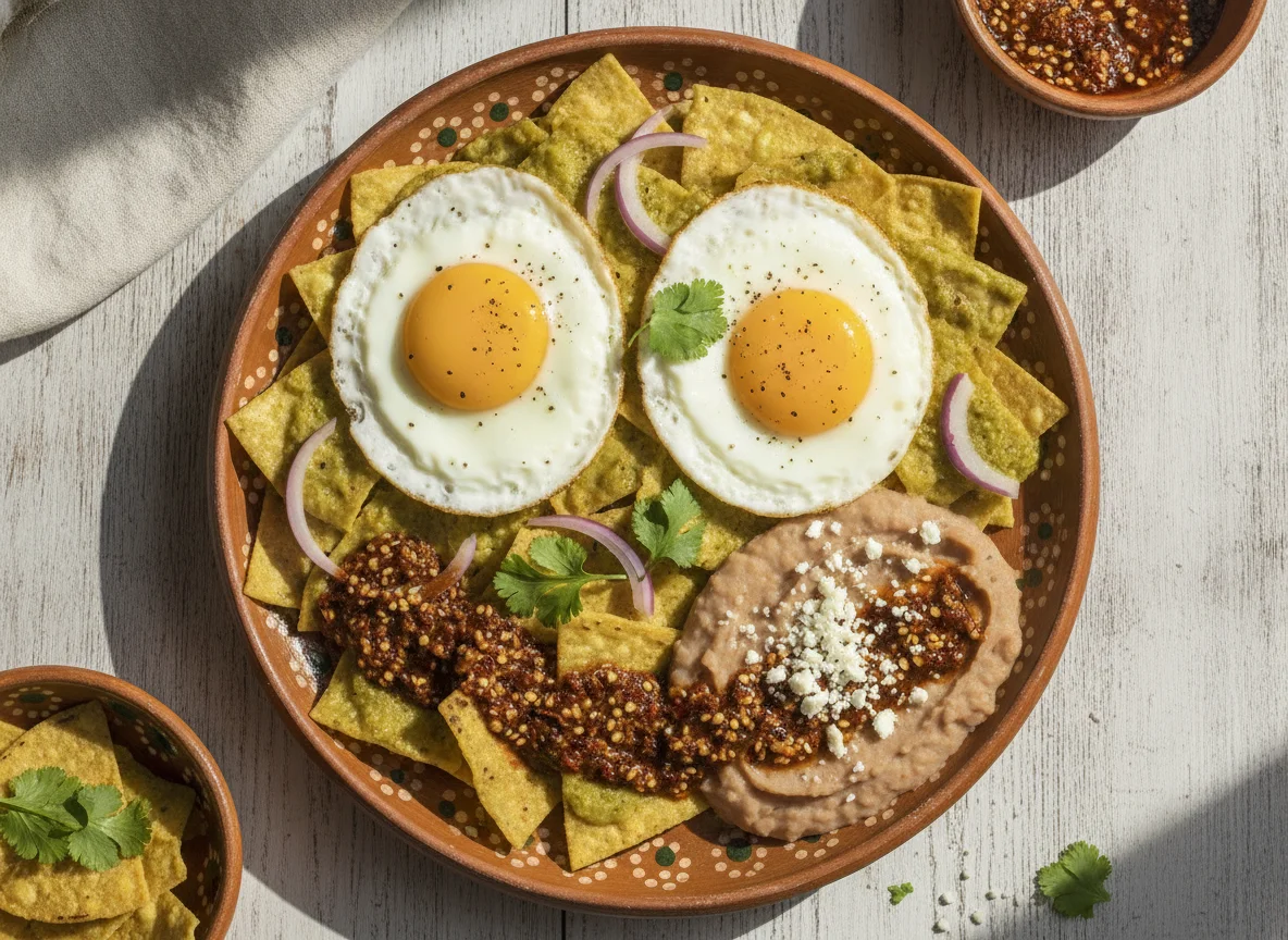 Chilaquiles con huevos estrellados y frijoles photo