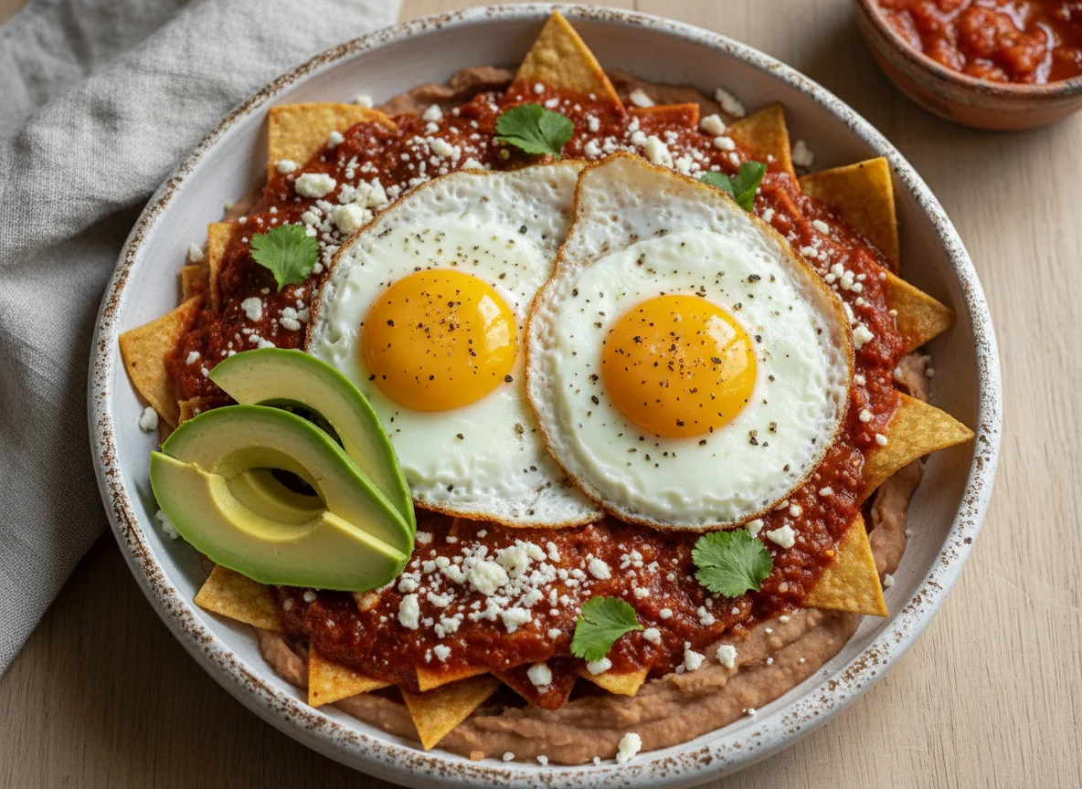 Chilaquiles con huevos fritos y aguacate photo