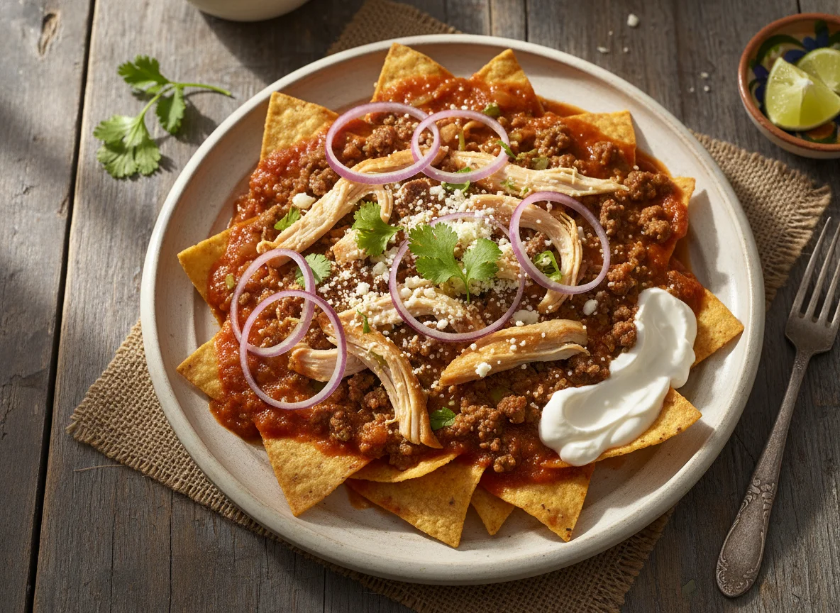 Chilaquiles con pollo y carne molida photo