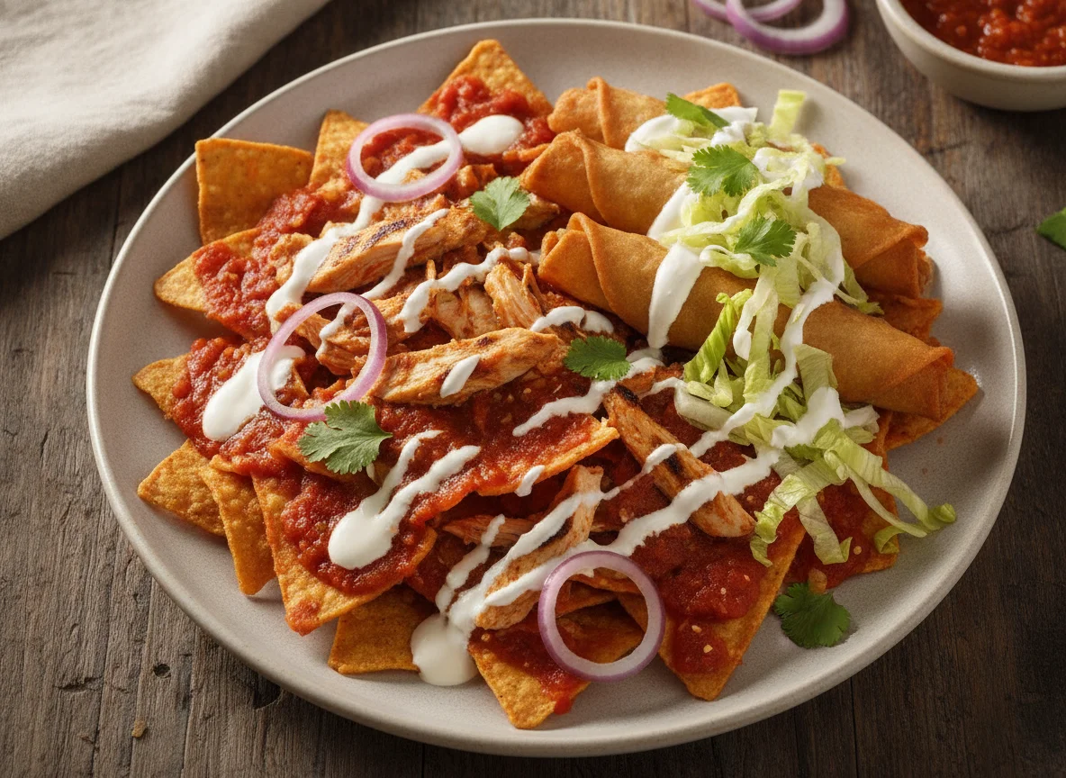 Chilaquiles con pollo y flautas photo