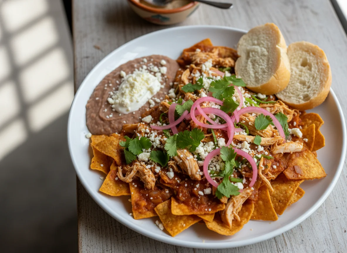 Chilaquiles con pollo y frijoles photo