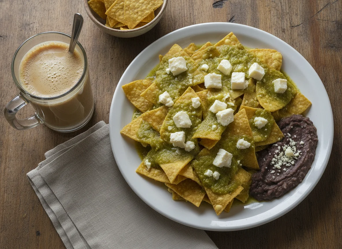 Chilaquiles con queso y café con leche photo