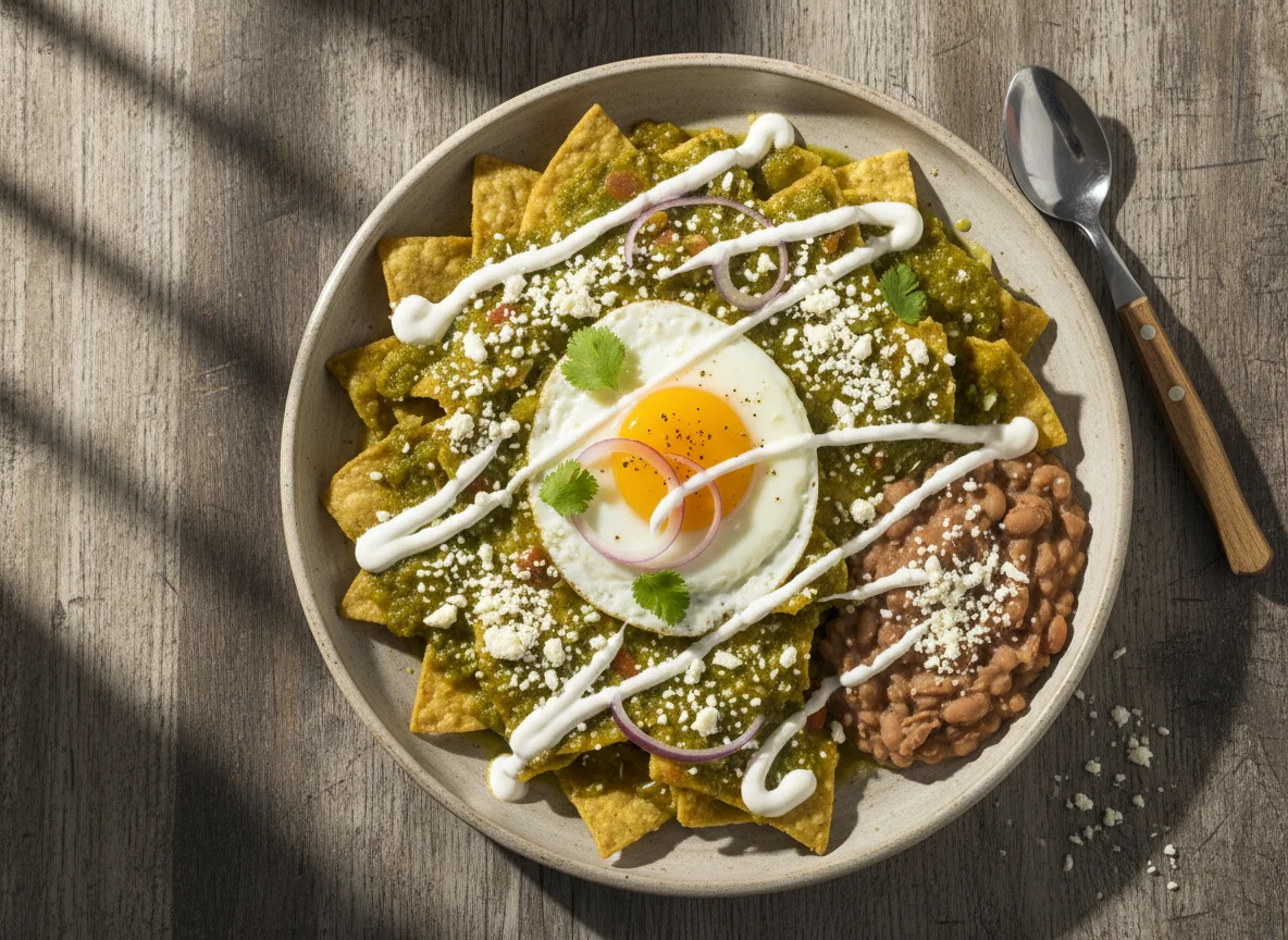 Chilaquiles con salsa verde y frijoles refritos photo