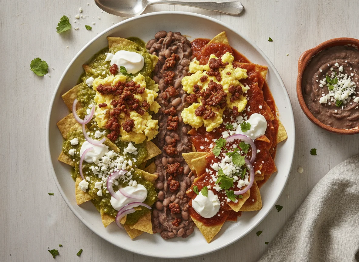 Chilaquiles divorciados con huevo y frijoles photo