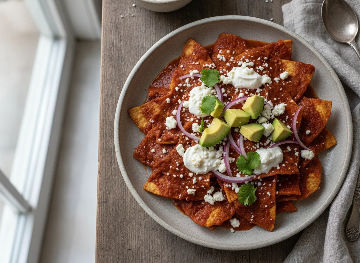 Chilaquiles rojos con aguacate photo