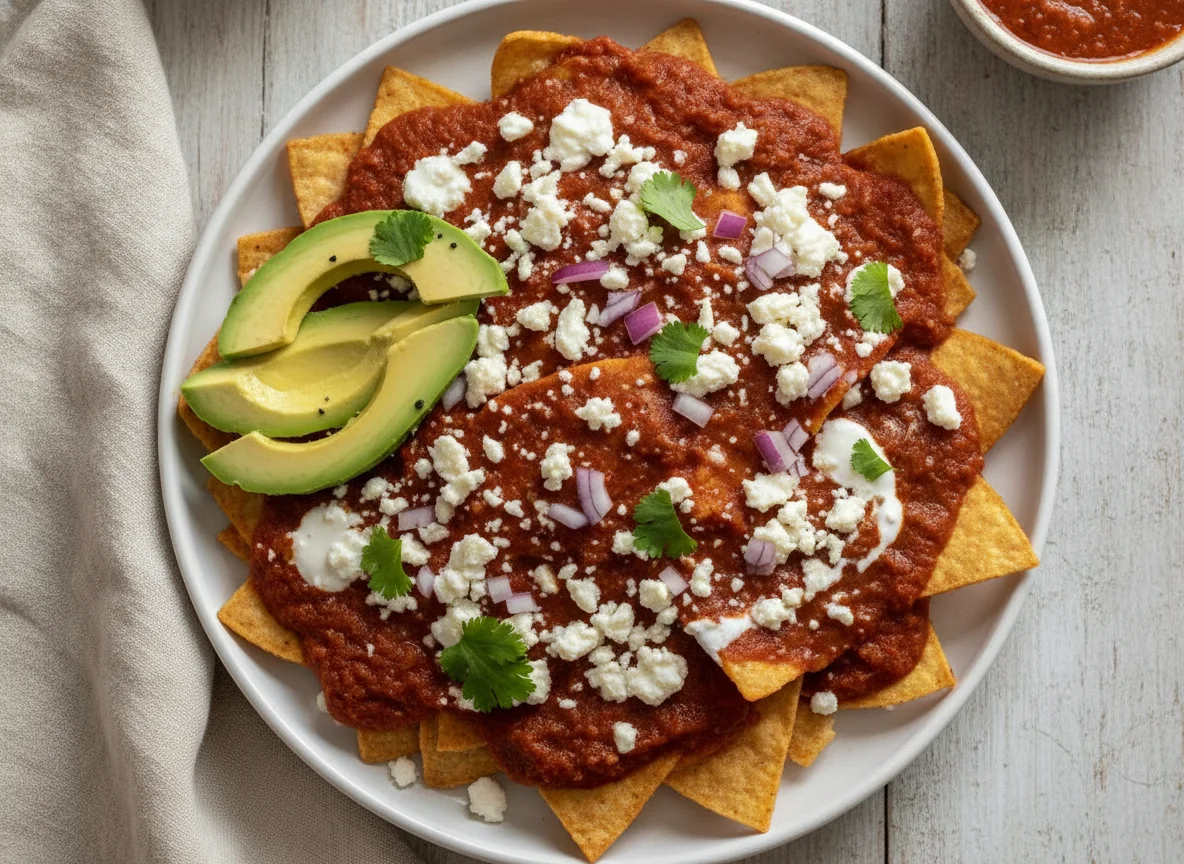 Chilaquiles rojos con aguacate y queso photo