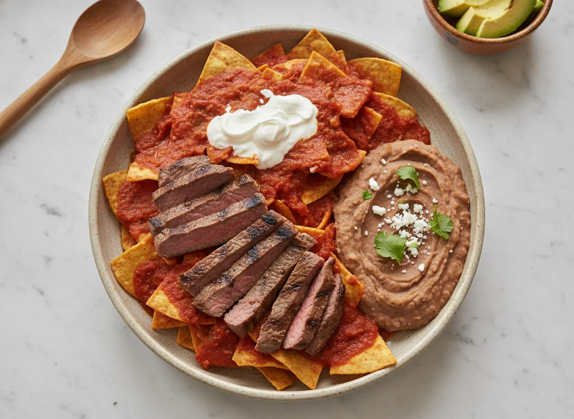 Chilaquiles rojos con bistec y frijoles photo