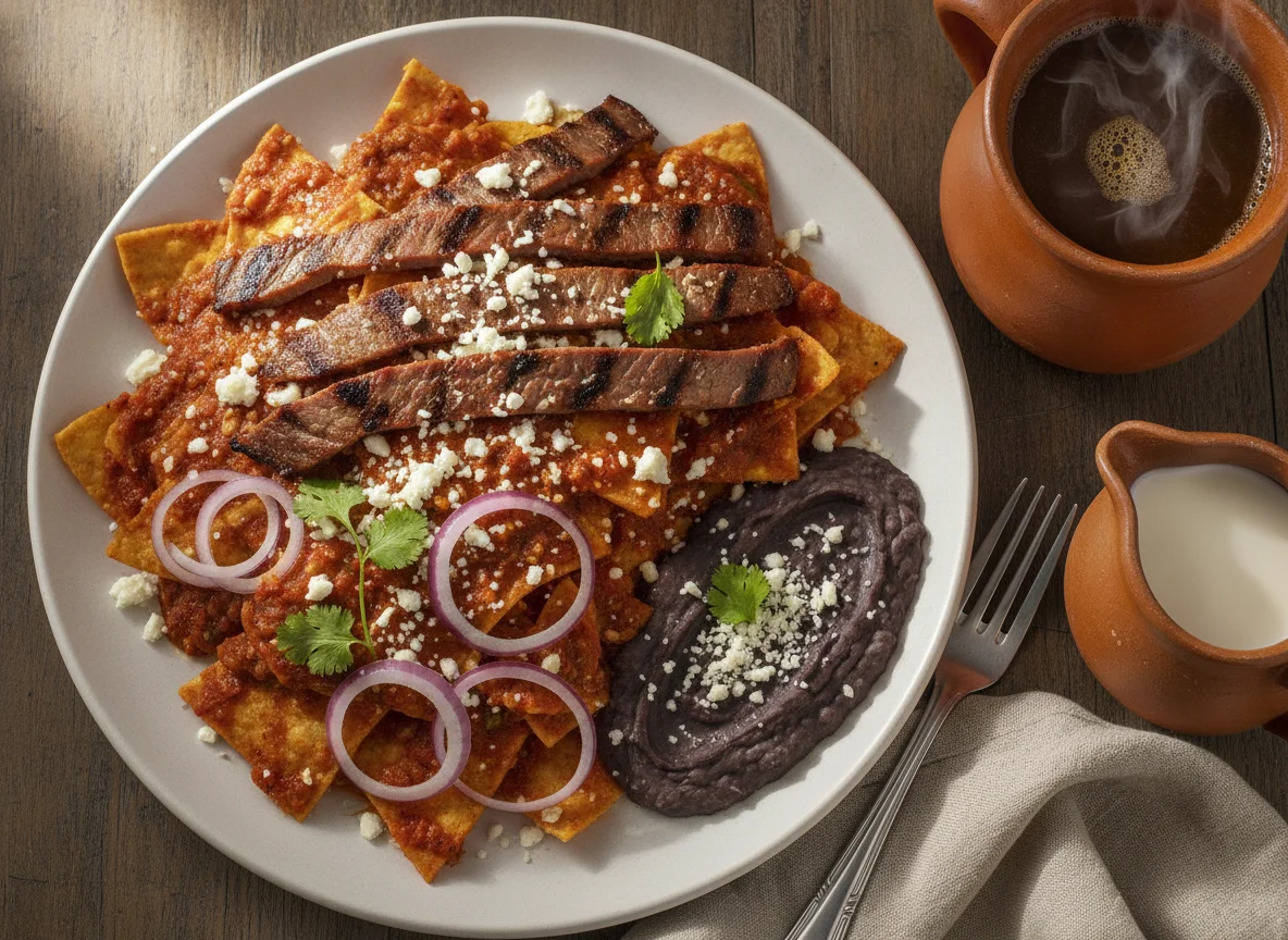 Chilaquiles rojos con cecina y frijoles photo
