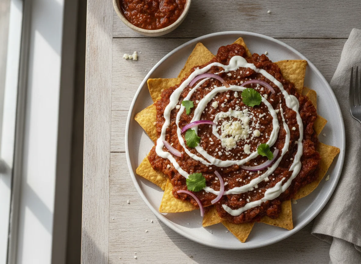 Chilaquiles rojos con crema photo