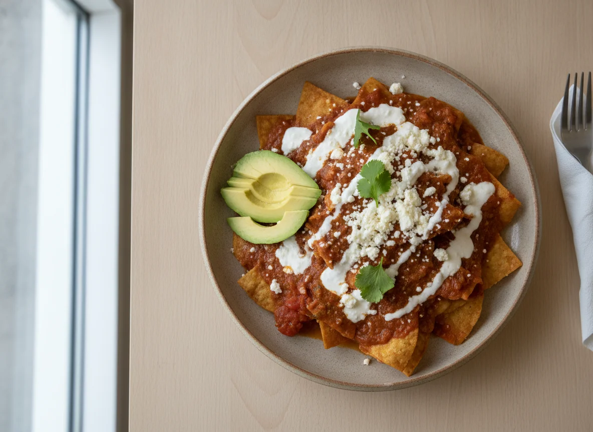Chilaquiles rojos con crema y queso photo