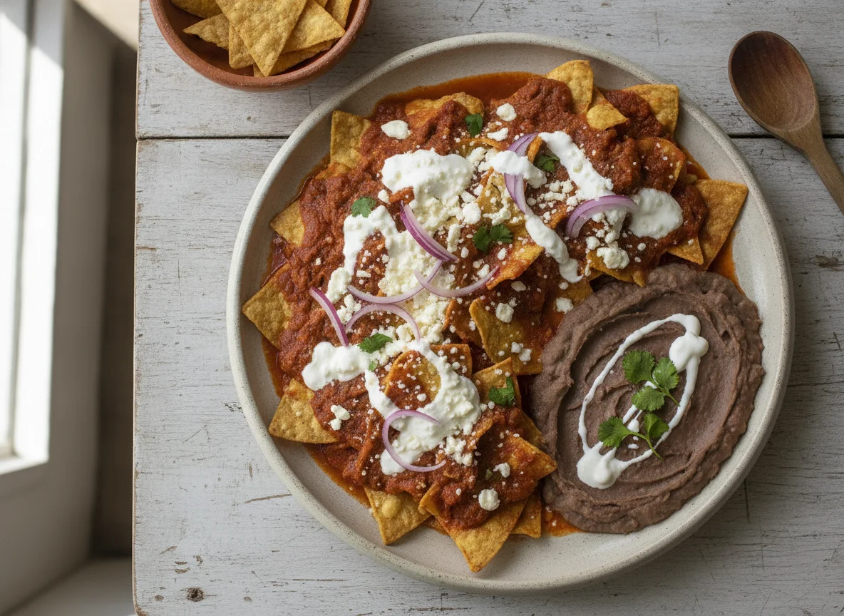 Chilaquiles rojos con frijoles refritos photo