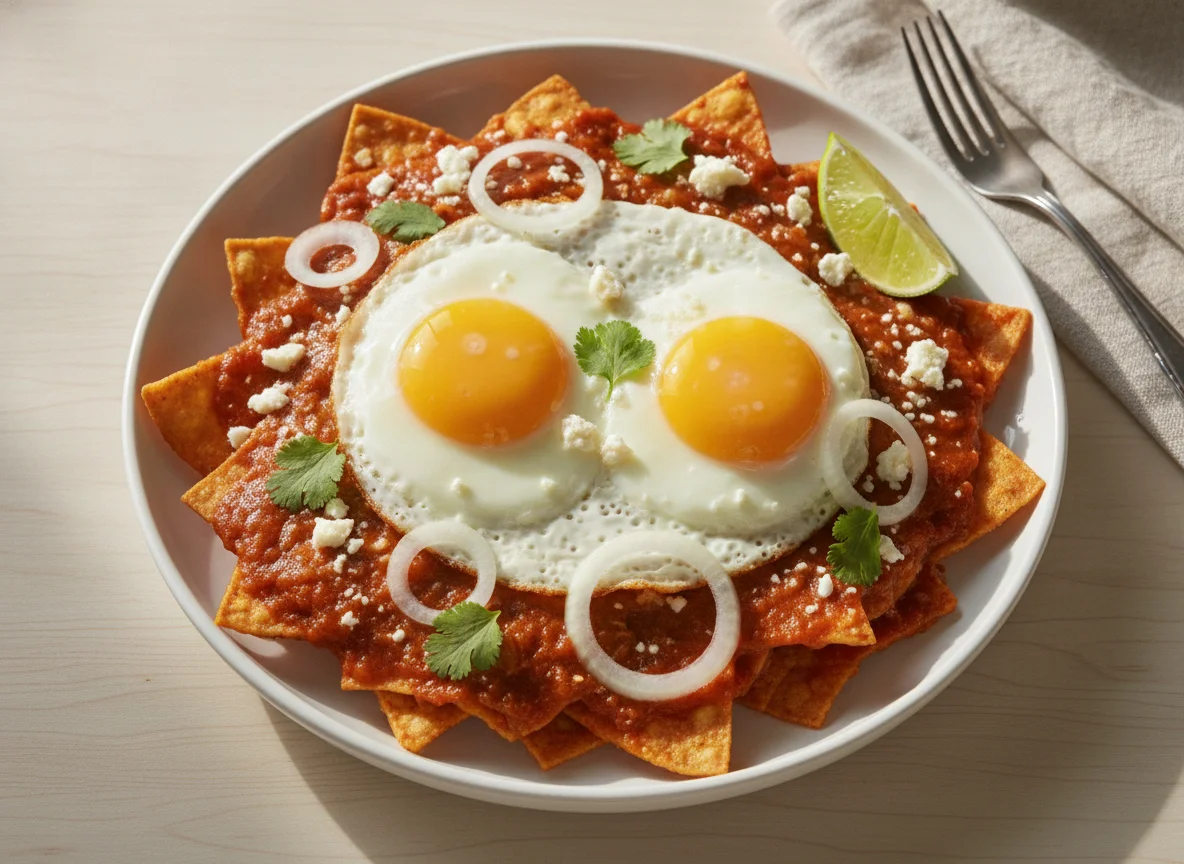 Chilaquiles rojos con huevo photo