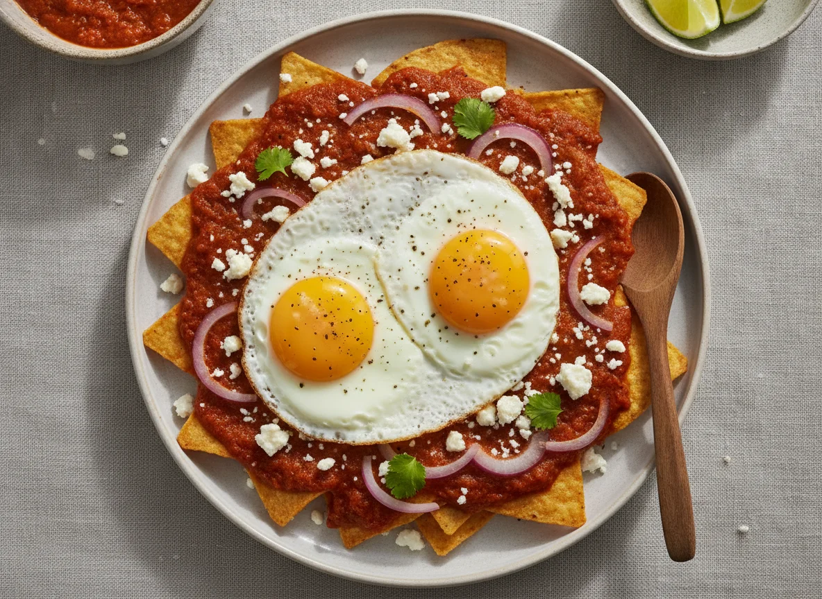 Chilaquiles rojos con huevo estrellado photo
