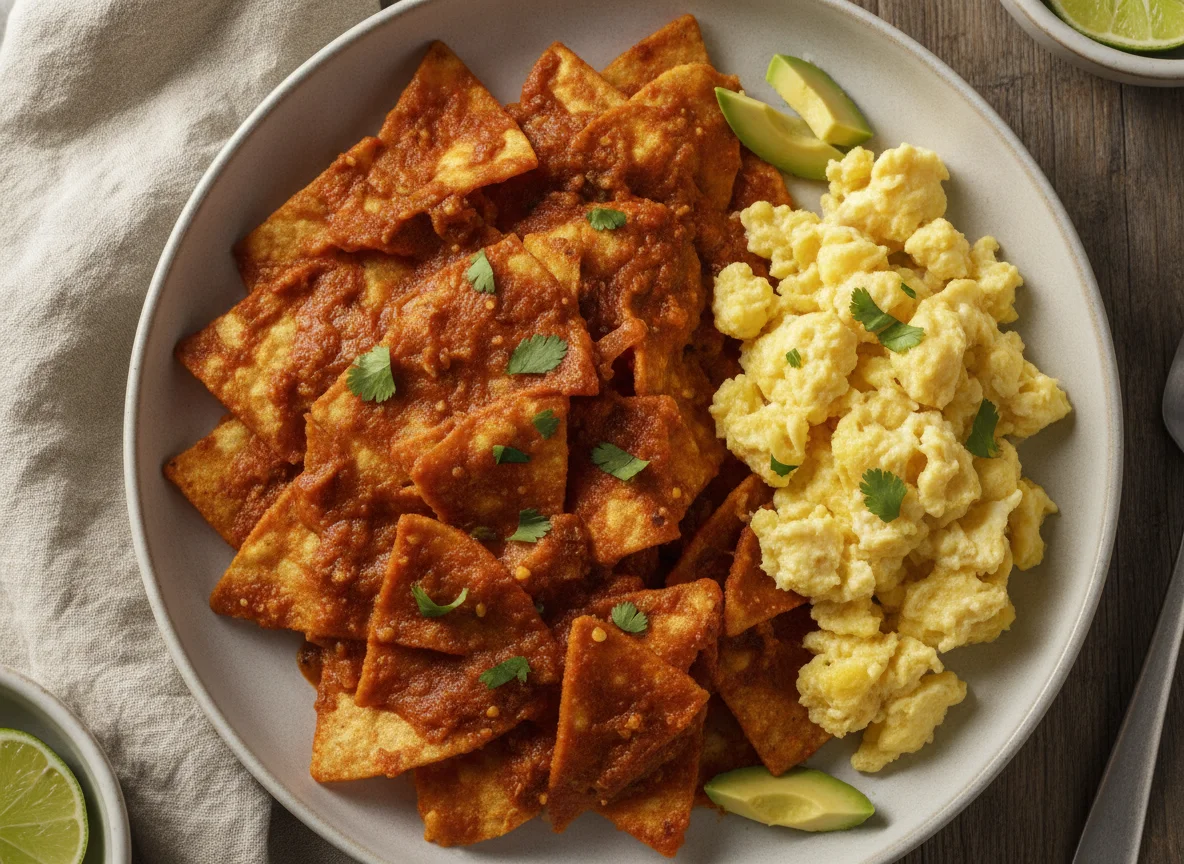 Chilaquiles rojos con huevo revuelto photo