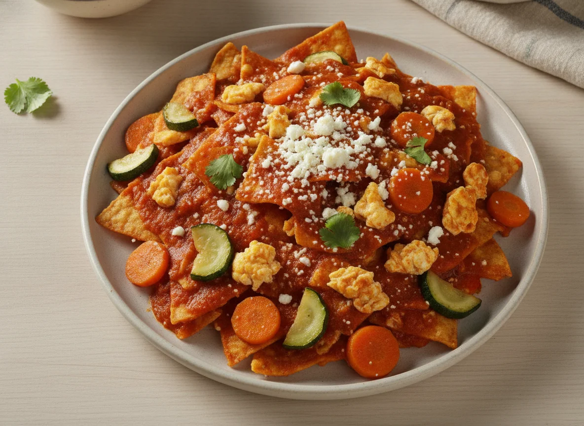 Chilaquiles rojos con huevo revuelto y verduras photo