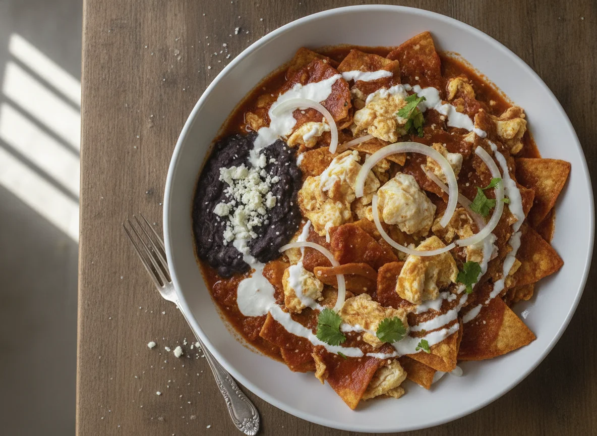 Chilaquiles rojos con huevo y frijoles photo