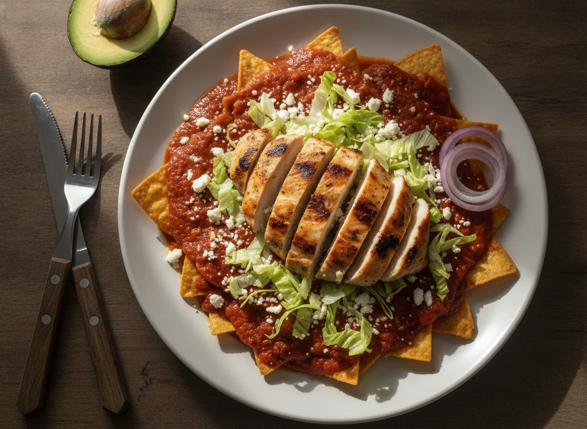 Chilaquiles rojos con pechuga de pollo y lechuga photo