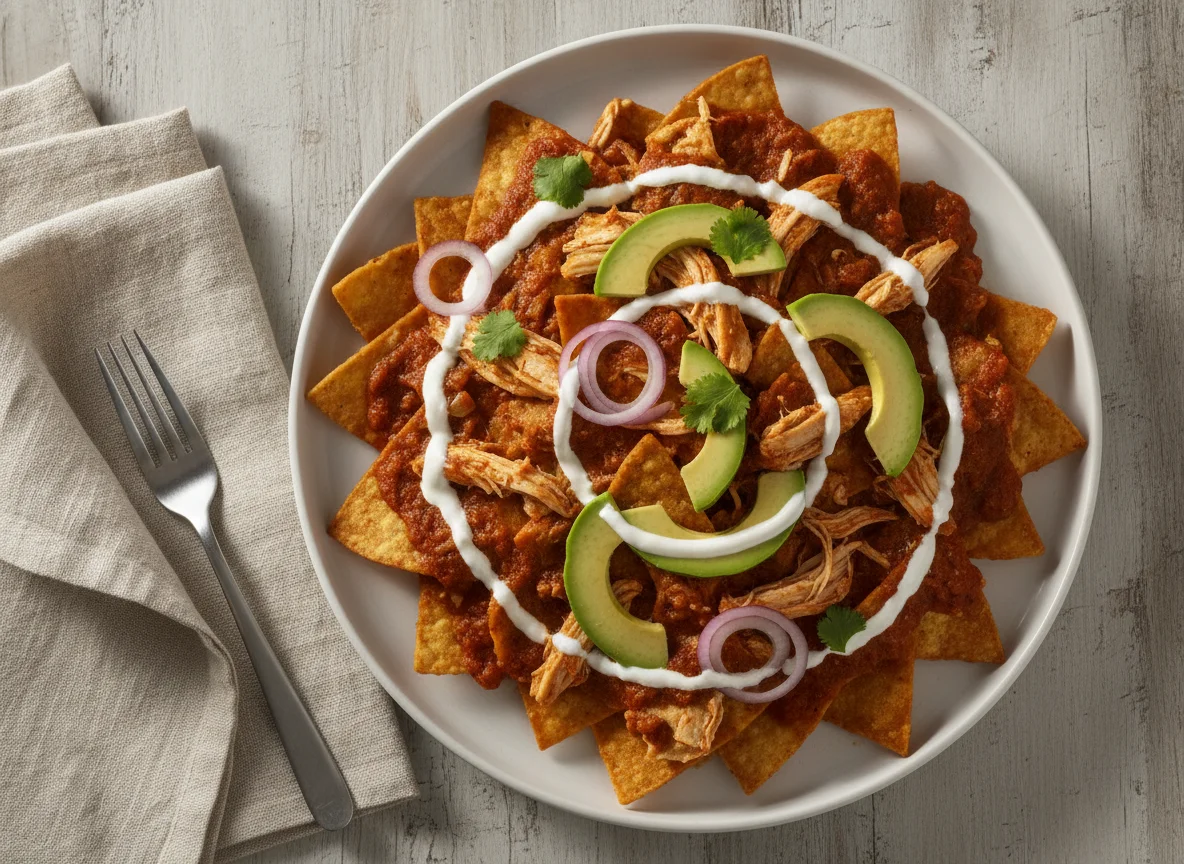 Chilaquiles rojos con pollo y aguacate photo