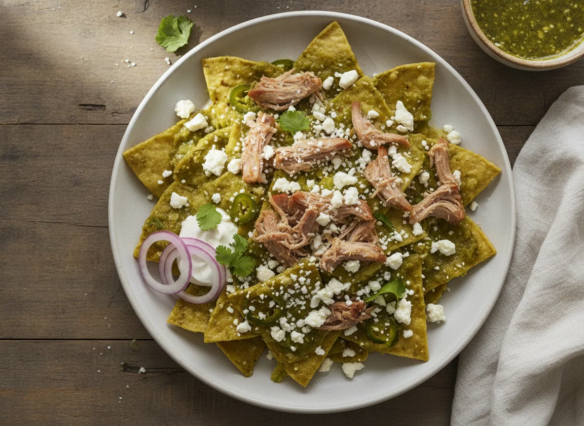 Chilaquiles verdes con carne deshebrada y queso fresco photo