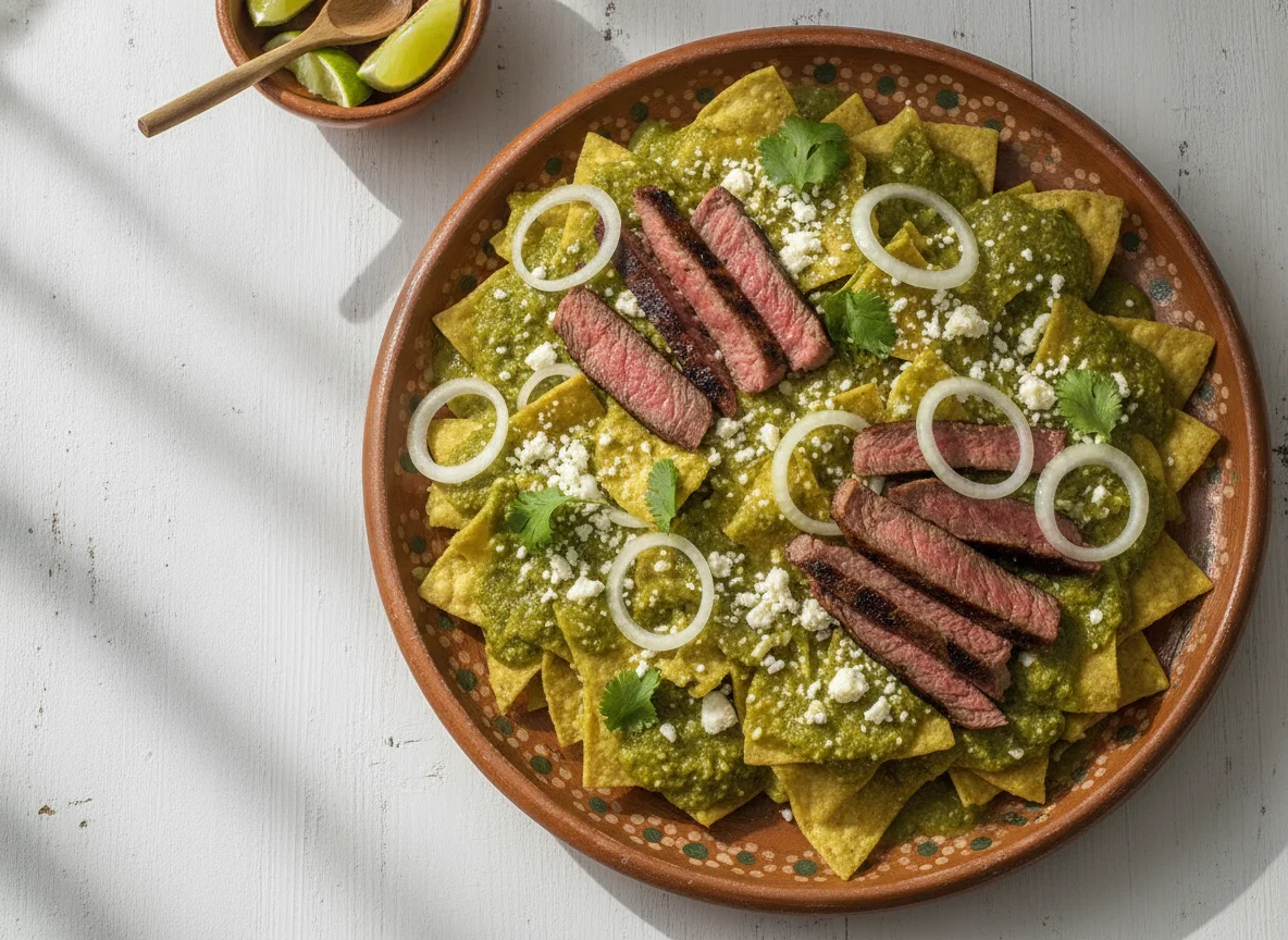 Chilaquiles verdes con carne y queso photo