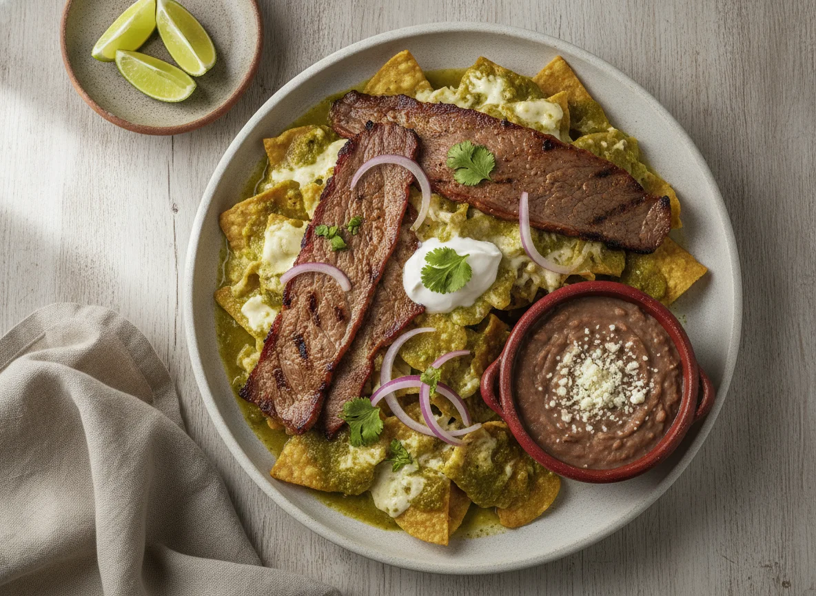 Chilaquiles verdes con cecina y frijoles photo