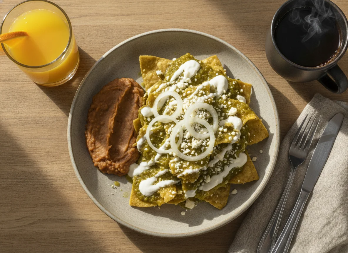 Chilaquiles verdes con frijoles refritos, jugo de naranja y café photo