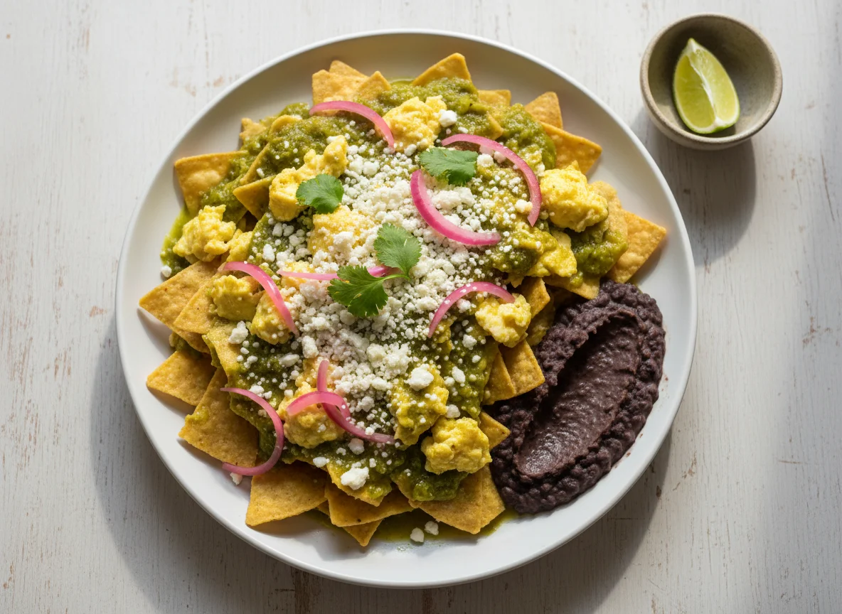 Chilaquiles verdes con frijoles refritos photo