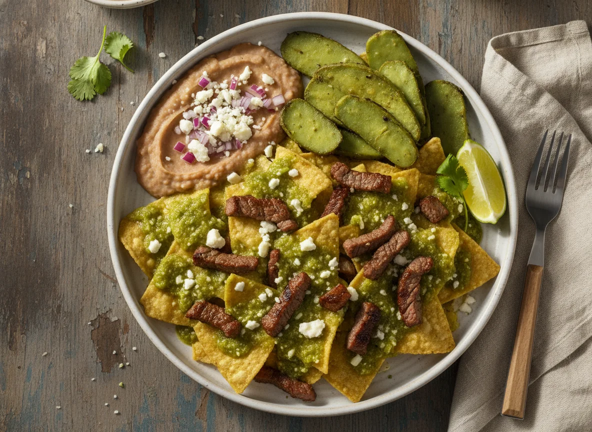 Chilaquiles verdes con frijoles y nopales con carne photo