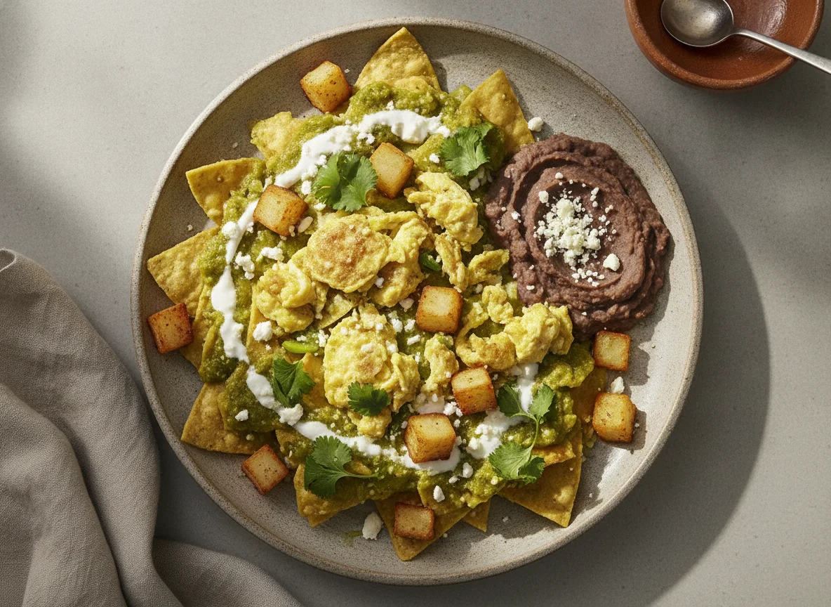 Chilaquiles verdes con huevo, frijoles y papas photo