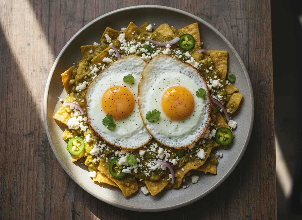 Chilaquiles verdes con huevo frito y queso photo