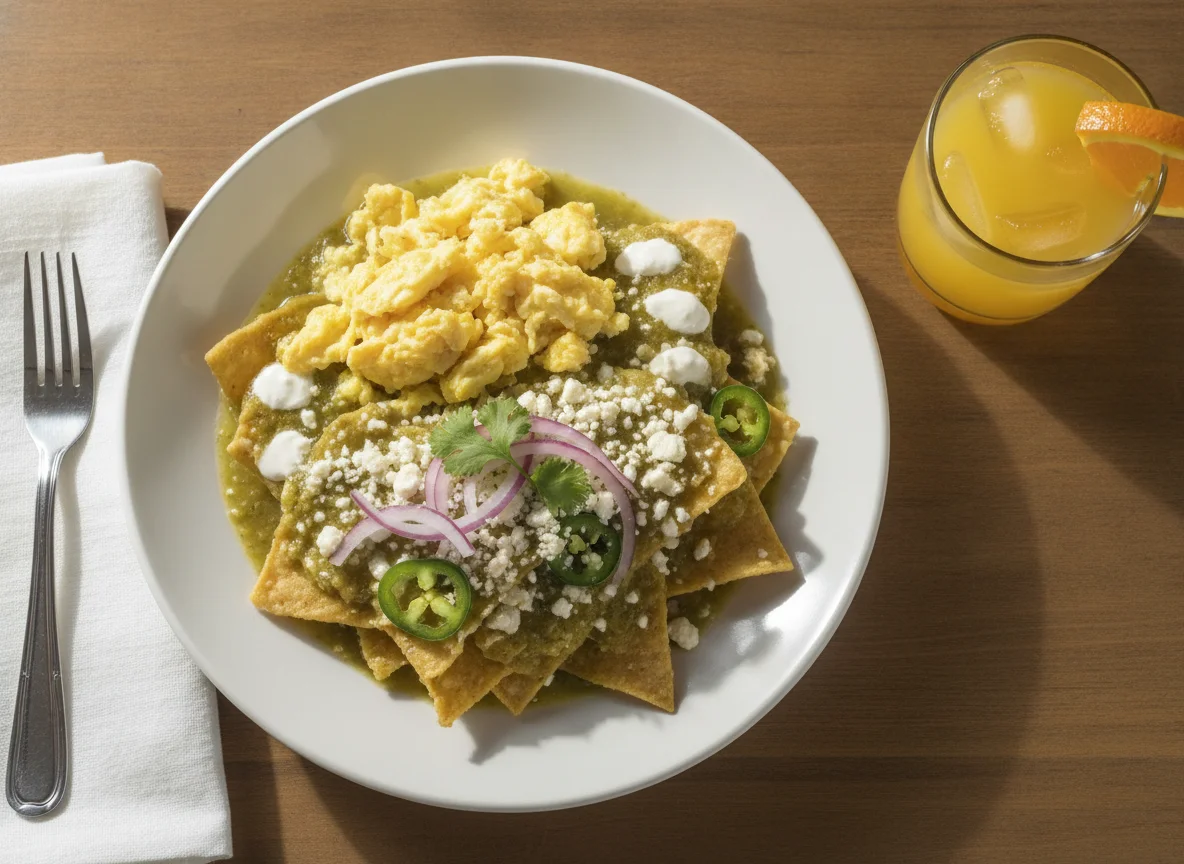 Chilaquiles verdes con huevo revuelto y jugo de naranja photo