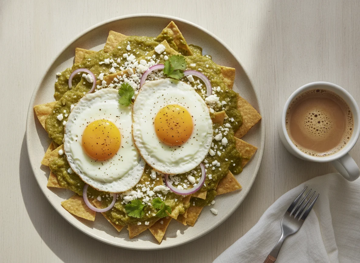 Chilaquiles verdes con huevo y café con leche photo