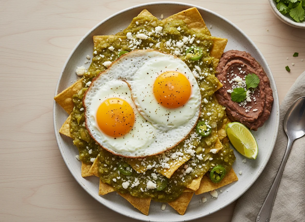 Chilaquiles verdes con huevo y frijoles photo