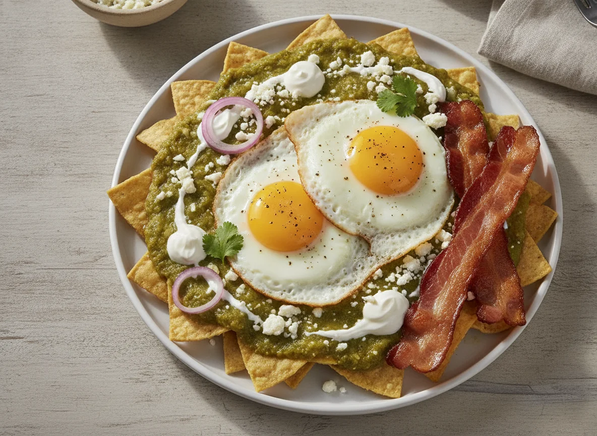 Chilaquiles verdes con huevos estrellados y tocino photo