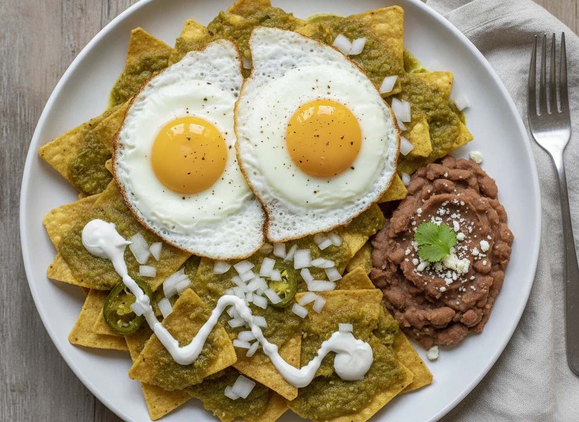 Chilaquiles verdes con huevos y frijoles photo