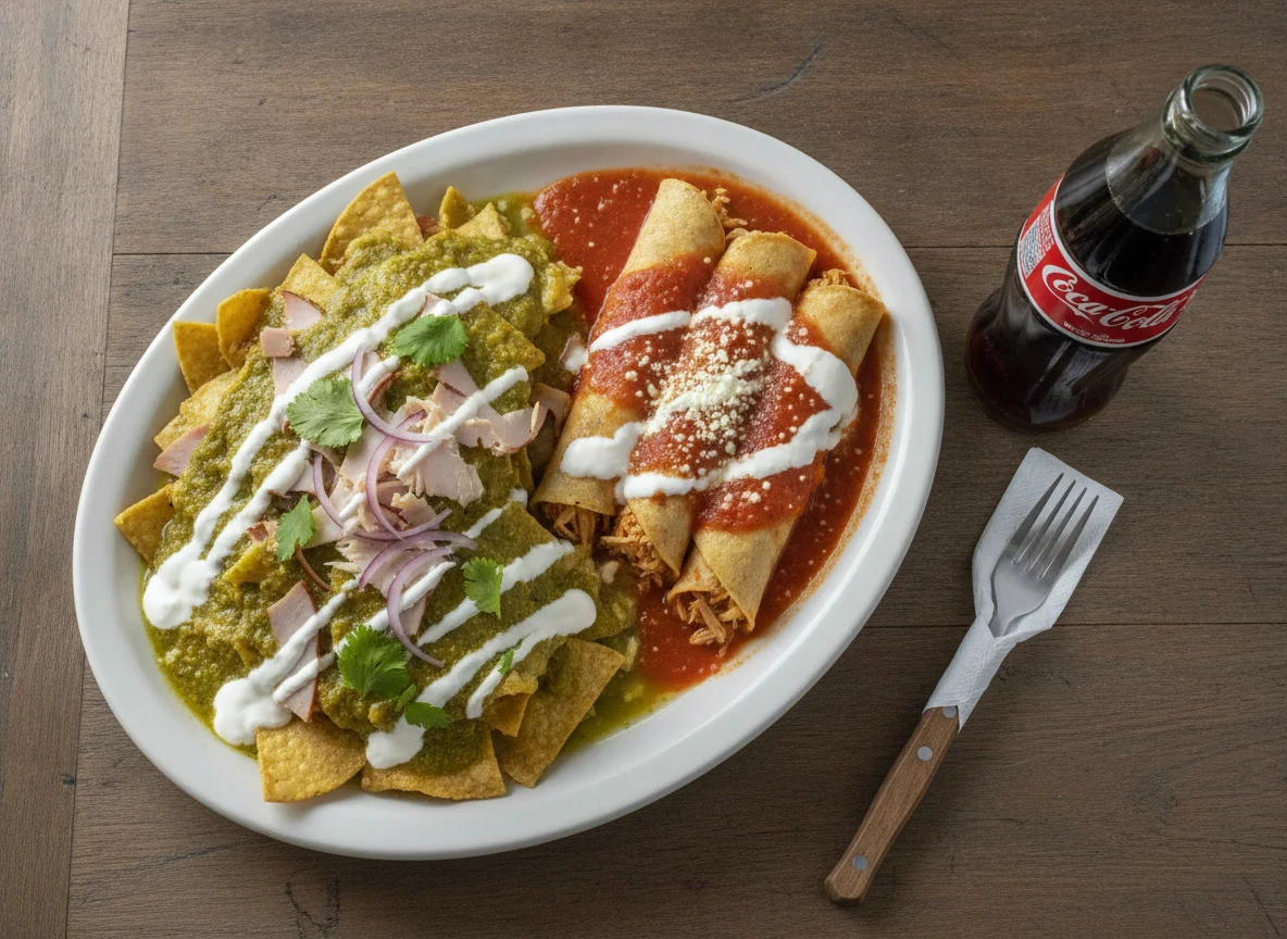 Chilaquiles verdes con jamón y crema y entomatadas photo