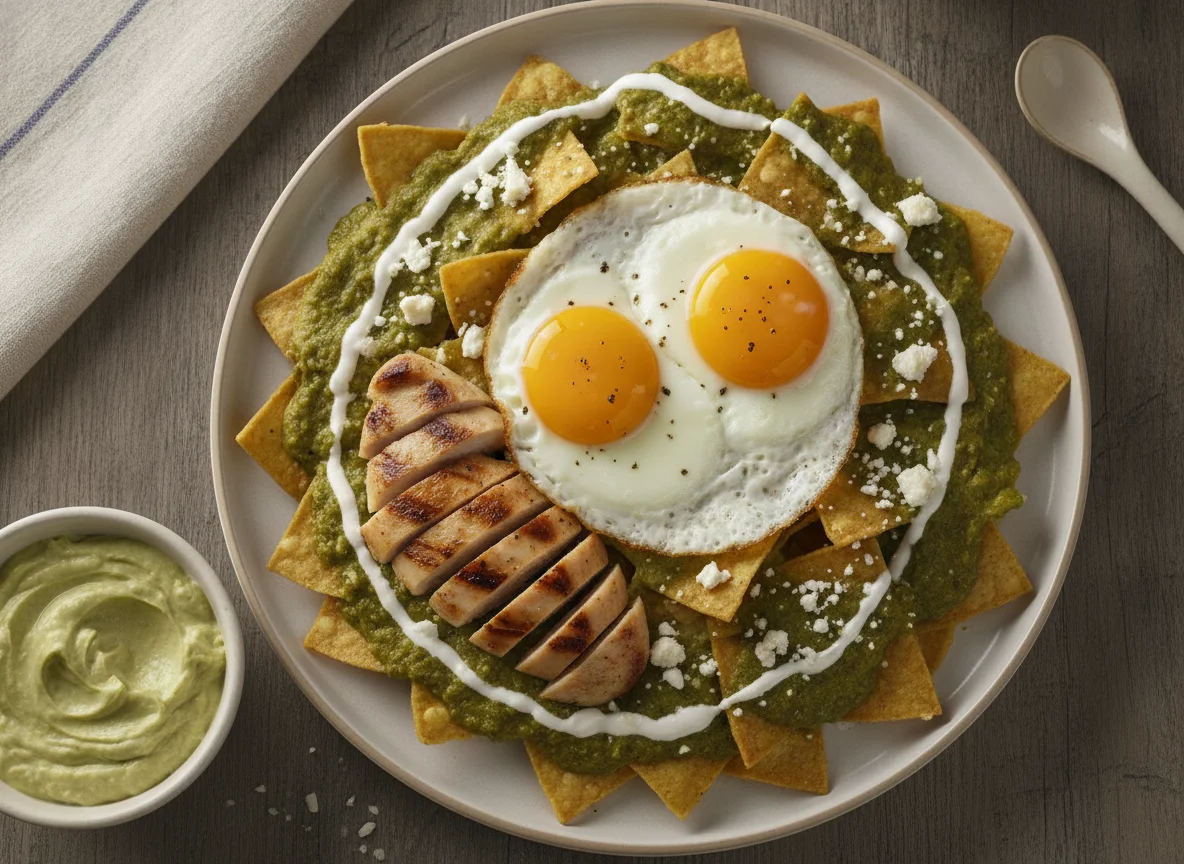 Chilaquiles verdes con pechuga de pollo y huevo photo