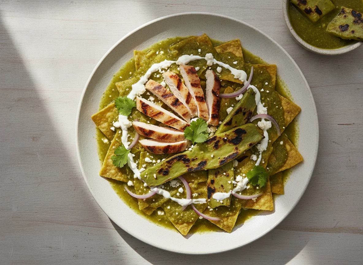 Chilaquiles verdes con pechuga de pollo y nopales photo