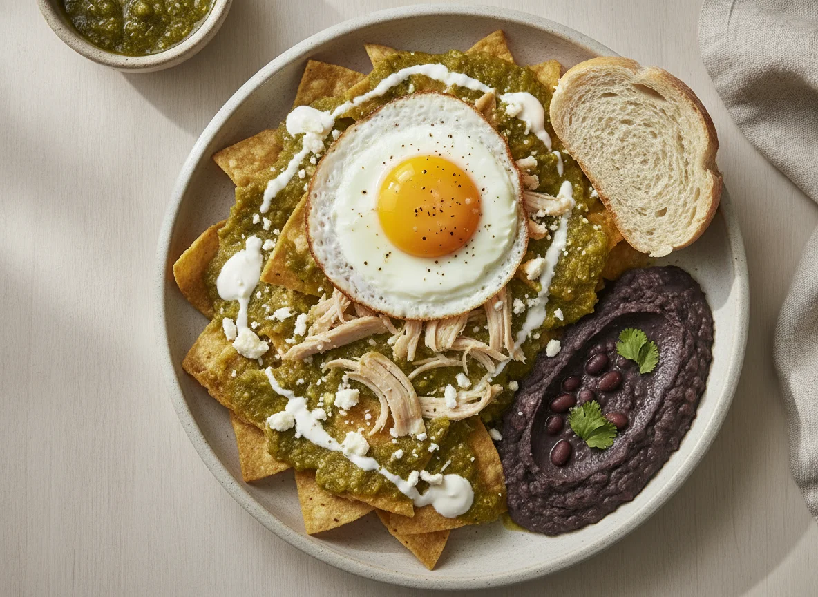 Chilaquiles verdes con pollo, huevo y frijoles photo