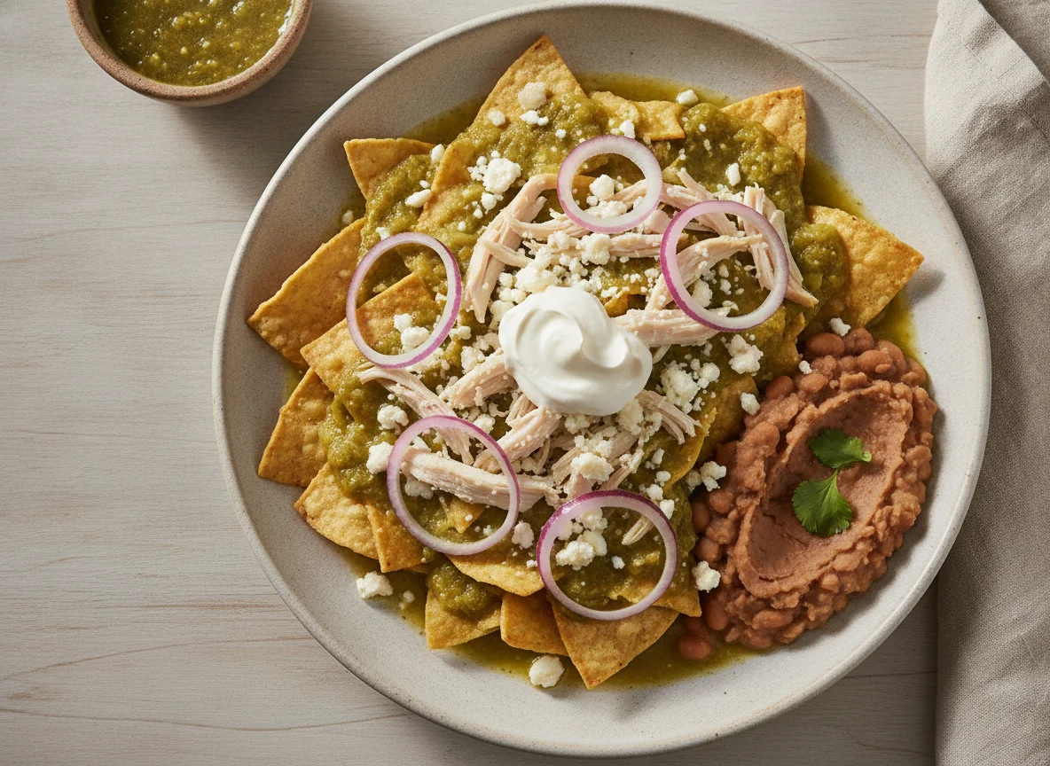 Chilaquiles verdes con pollo y frijoles photo