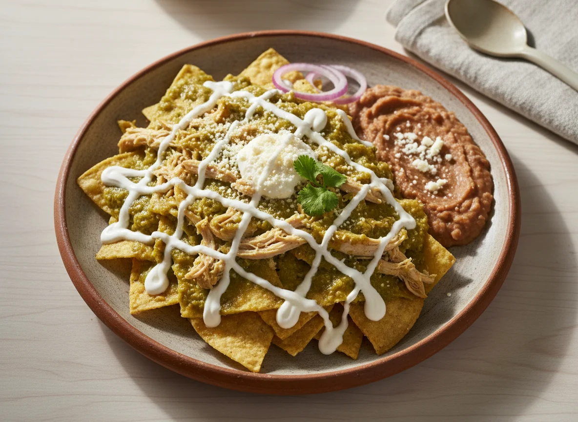 Chilaquiles verdes con pollo y frijoles refritos photo