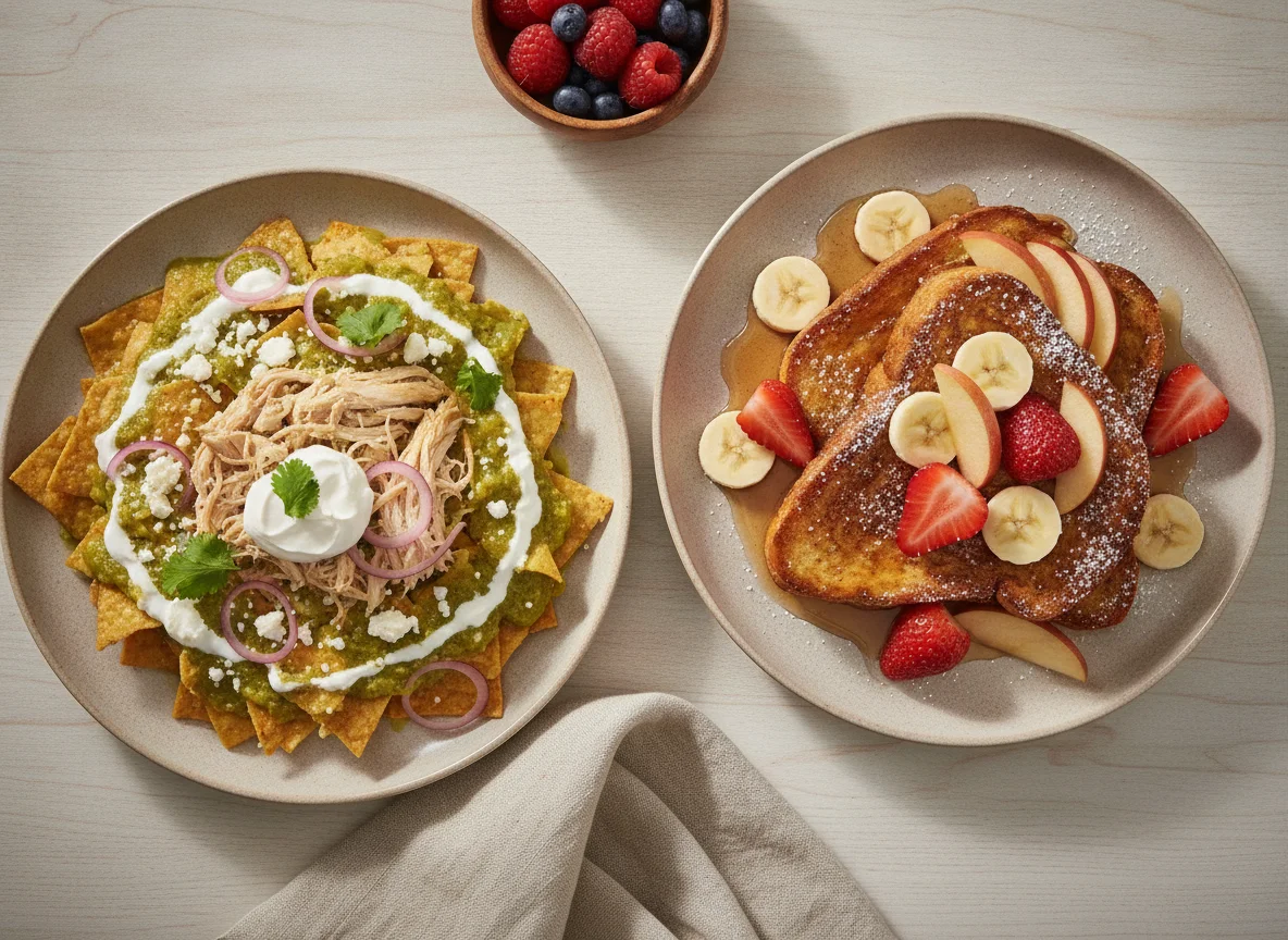 Chilaquiles verdes con pollo y Pan francés con frutas photo