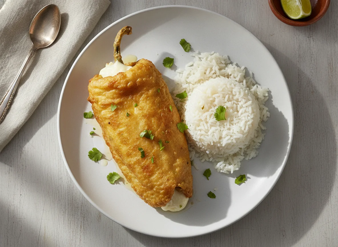 Chile relleno con arroz blanco photo