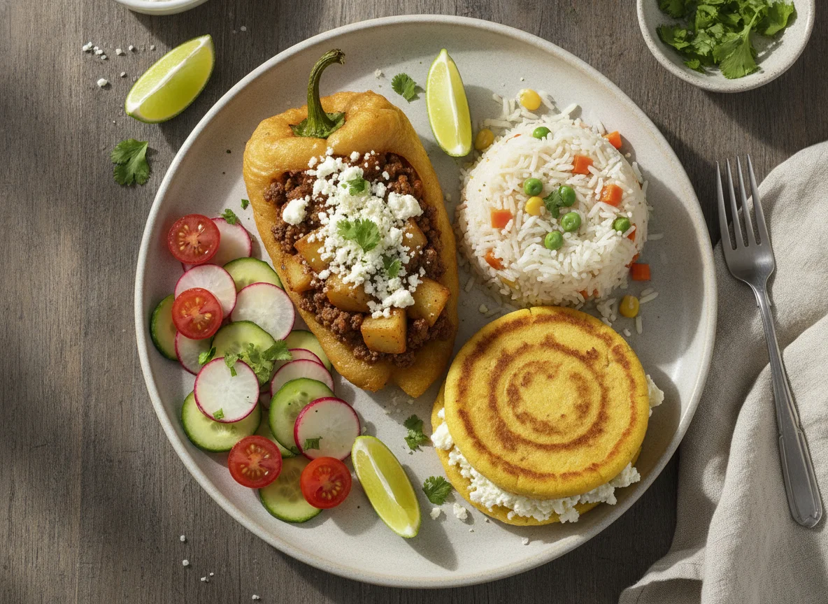 Chile relleno con arroz, ensalada y arepa photo