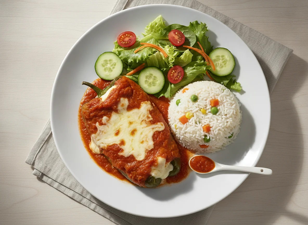 Chile relleno con arroz y ensalada fresca photo