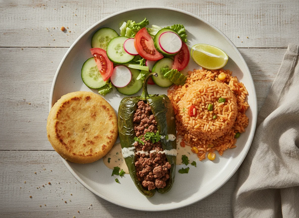 Chile relleno de carne con arroz, ensalada y pupusa photo