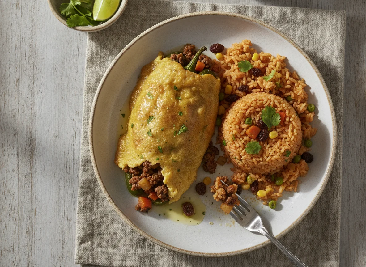 Chile relleno de picadillo con arroz rojo photo