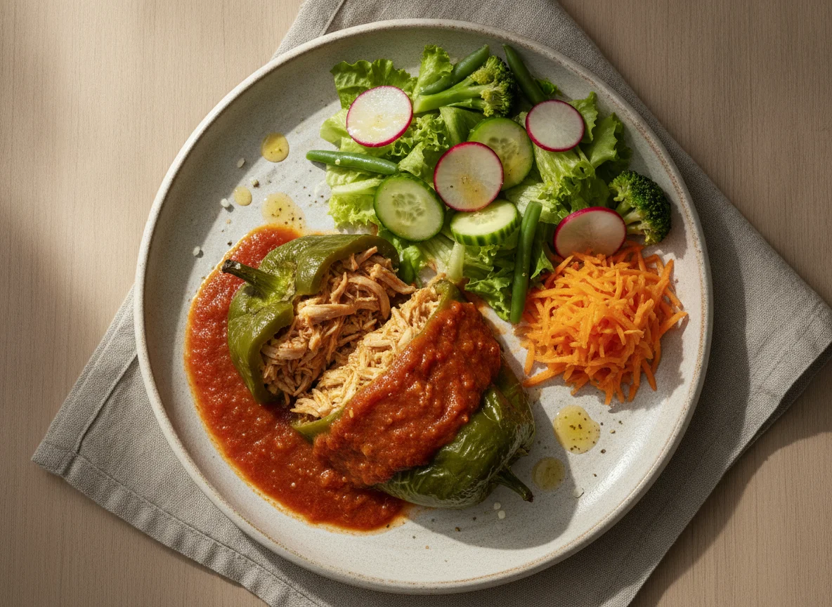 Chile relleno de pollo con ensalada fresca photo