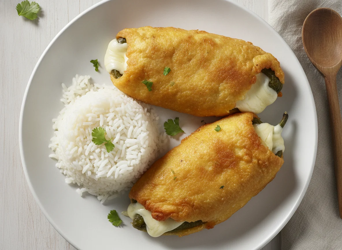 Chiles rellenos capeados con arroz blanco photo